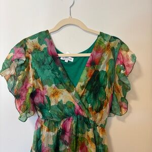 Italian Green and Pink Floral Maxi Dress Silk Blend Flowy size S